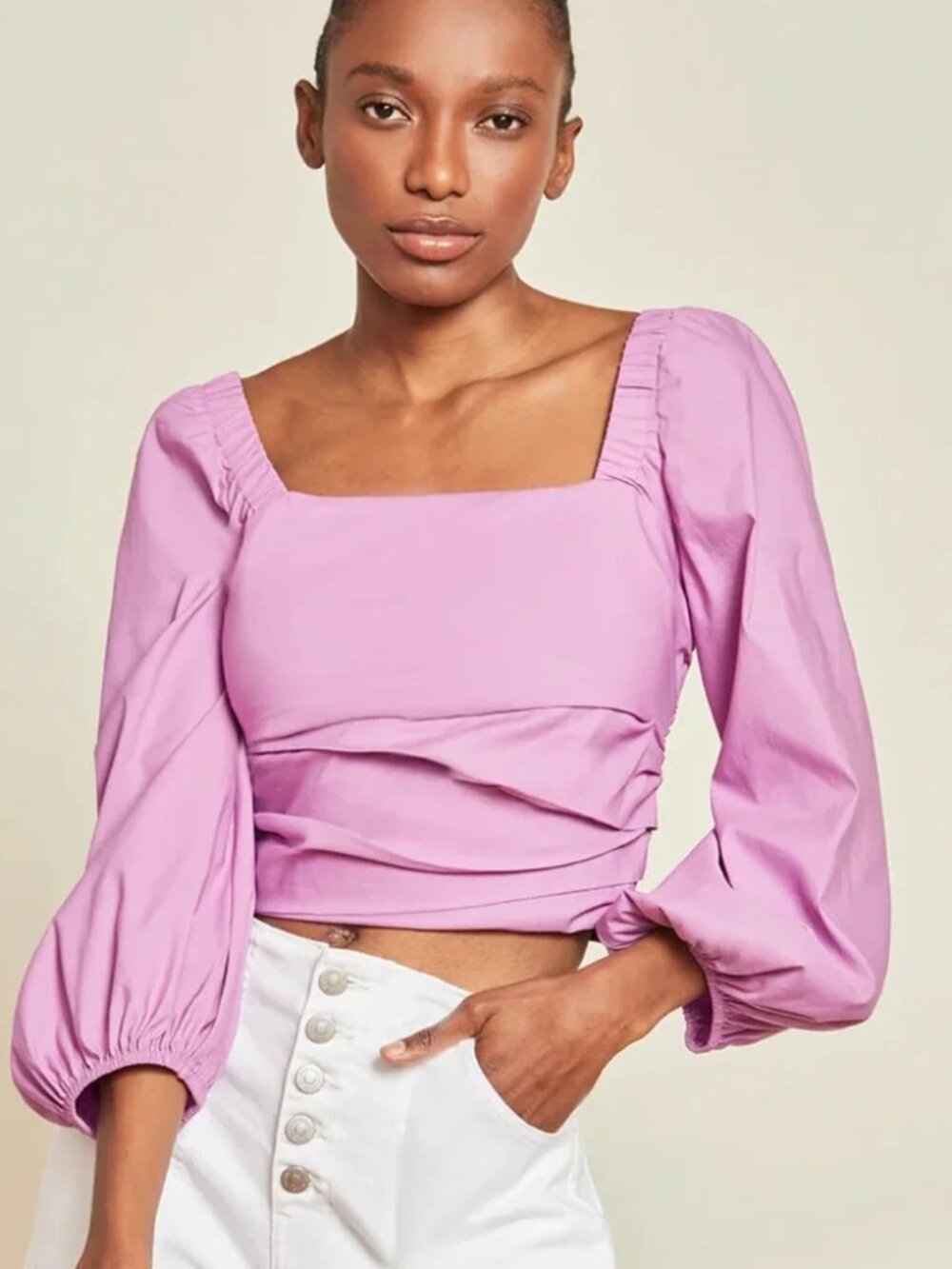 Veronica Beard Pink Puff-Sleeve Square-Neck Kayla Crop Top Blouse Size 14